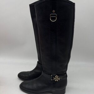 Tory Burch Elina Riding Black Pebble Leather Boots Size 7 TB8475A